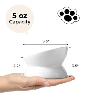 LoeJan Elevated Cat Food Bowl, 5 Oz Ceramic Raised and Tilted Water Bowl, Anti Vomiting and Protect Pets' Spines Dishes for Small Dog, Fat Faced Cat, Kitten (White, 1 Pack)