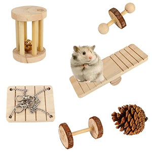 ZALALOVA Hamster Chew Toys, 12Pack MSDS Approved Natural Wooden Pine Guinea Pigs Rats Chinchillas Toys Accessories Dumbbells Exercise Bell Roller Teeth Care Molar Toy for Bunny