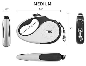 TUG 360° Tangle-Free Retractable Dog Leash | 16 ft Strong Nylon Tape | One-Handed Brake, Pause, Lock (Medium, White)