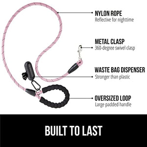 Gorilla Grip Heavy Duty Dog Leash, Soft Handle, Strong Reflective Durable Puppy Training Rope for Night Walking, Small Medium Large Dogs, Rotating Metal Clip, Waste Bag Dispenser, Pink