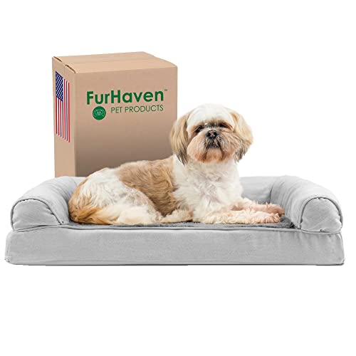 Furhaven Orthopedic Dog Bed for Medium/Small Dogs w/ Removable Bolsters & Washable Cover, For Dogs Up to 35 lbs - Plush & Suede Sofa - Gray, Medium