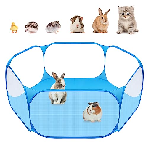 Small Animals C&C Cage Tent, Breathable & Transparent Pet Playpen Pop Open Outdoor/Indoor Exercise Fence, Portable Yard Fence for Guinea Pig, Rabbits, Hamster, Chinchillas and Hedgehogs (Blue)