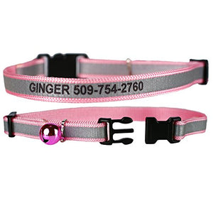 GoTags Personalized Reflective Cat Collars, Engraved Custom Cat Collar with Name and Phone, Breakaway Cat Collar with Safety Release Buckle and Bell, Adjustable for Cats and Kitten, (Pink)