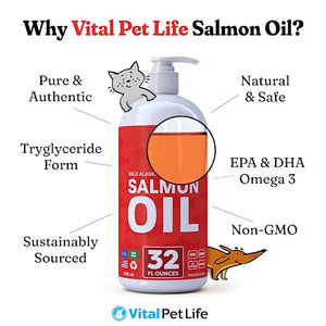 Salmon Oil for Dogs & Cats - Healthy Skin & Coat, Fish Oil, Omega 3 EPA DHA, Liquid Food Supplement for Pets, All Natural, Supports Joint & Bone Health, Natural Allergy & Inflammation Defense, 32 oz