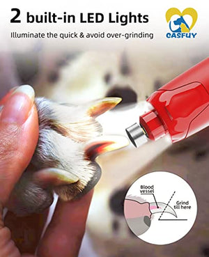 Casfuy Dog Nail Grinder Quiet - (45db) 6-Speed Pet Nail Grinder with 2 LED Lights for Large Medium Small Puppy Dogs/Cats, Professional 3 Ports Rechargeable Electric Dog Nail Trimmer with Dust Cap(Red)