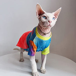 Bonaweite Hairless Cats Rainbow Rendering T-Shirt for Spring Summer Autumn, Breathable Cat Wear Clothes Vest Shirts for Sphynx, Cornish Rex, Devon Rex, Peterbald