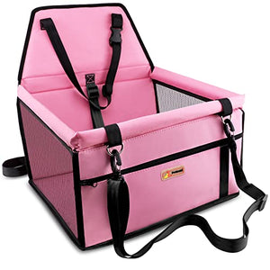 Pet Reinforce Car Booster Seat for Dog Cat Portable and Breathable Bag with Seat Belt Dog Carrier Safety Stable for Travel Look Out,with Clip on Leash with PVC Tube, Pink