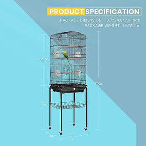 VIVOHOME 59.8 Inch Wrought Iron Bird Cage with Play Top and Rolling Stand for Parrots Conures Lovebird Cockatiel Parakeets Black