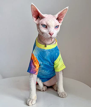 Bonaweite Hairless Cats Rainbow Rendering T-Shirt for Spring Summer Autumn, Breathable Cat Wear Clothes Vest Shirts for Sphynx, Cornish Rex, Devon Rex, Peterbald