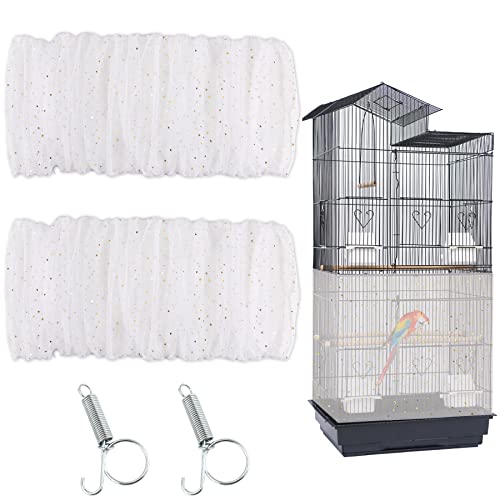 JULMELON 2Pcs Adjustable Bird Cage Seed Catcher(White) Birdcage Nylon Mesh Cover Twinkle Star Universal Birdcage Cover for Parakeet Round Square Cage with Spring Hook