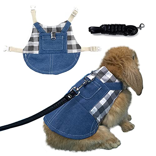 Vehomy Rabbit Harness and Leash Small Animal Clothes for Rabbit Guinea Pig, Bunny Plaid Harness Leash Guinea Pig Blue Denim Black and White Plaid Dress for Kitten Chihuahua and Other Small Animals L