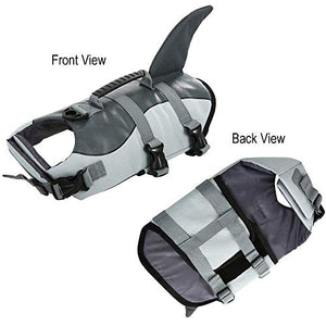 Queenmore Dog Life Jacket Ripstop Shark Dog Safety Vest Adjustable Preserver with High Buoyancy and Durable Rescue Handle for Small,Medium,Large Dogs, Grey Shark Large