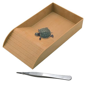 kathson Reptile Tortoise Turtle Feeding Dish with Ramp and Basking Platform Plastic Turtle Food and Water Bowl Also Fit for Bath Horned Frogs Lizards Amphibians (Brown, Emulational Wood)