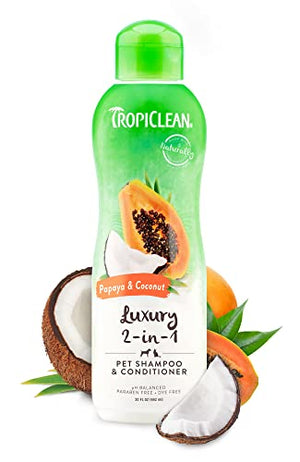 TropiClean 2-in-1 Papaya & Coconut Dog Shampoo and Conditioner | Natural Pet Shampoo Derived from Natural Ingredients | Cat Friendly | Made in the USA | 20 oz.