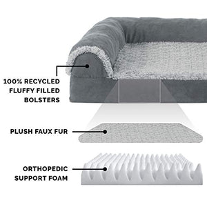 Furhaven Orthopedic Dog Bed for Large Dogs w/ Removable Bolsters & Washable Cover, For Dogs Up to 95 lbs - Two-Tone Plush Faux Fur & Suede L Shaped Chaise - Stone Gray, Jumbo/XL