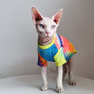 Bonaweite Hairless Cats Rainbow Rendering T-Shirt for Spring Summer Autumn, Breathable Cat Wear Clothes Vest Shirts for Sphynx, Cornish Rex, Devon Rex, Peterbald