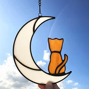 Lcensp Orange Cat Decor on White Moon Stained Glass Window Hanging Cat Memorial Gifts for Cat Lovers, Tabby Cat Suncatcher Pet Loss Sympathy Gift Ornaments (Orange Cat on White Moon)