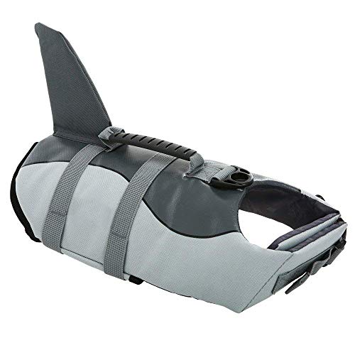 Queenmore Dog Life Jacket Ripstop Shark Dog Safety Vest Adjustable Preserver with High Buoyancy and Durable Rescue Handle for Small,Medium,Large Dogs, Grey Shark Large