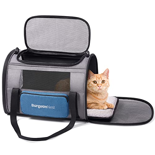 BurgeonNest Cat Carrier for Large Cats 20 lbs,Medium Cats Under 25 lbs,2 Cats and Small Dogs with Unique Side Bag,Top Load Pet Carrier Soft-Sided Escape Proof with 4 Ventilated Windows