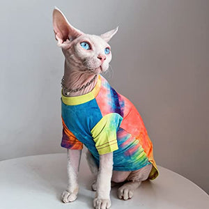 Bonaweite Hairless Cats Rainbow Rendering T-Shirt for Spring Summer Autumn, Breathable Cat Wear Clothes Vest Shirts for Sphynx, Cornish Rex, Devon Rex, Peterbald