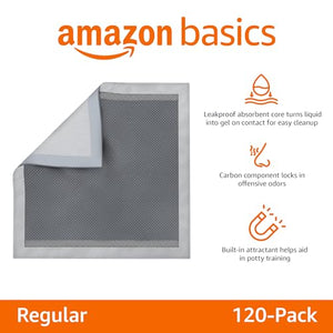 Amazon Basics Dog and Puppy Pee Pads with 5-Layer Leak-Proof Design and Quick-Dry Surface for Potty Training, Odor-Control Carbon, Regular Size, 22 x 22 Inch - Pack of 120, Gray