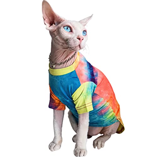 Bonaweite Hairless Cats Rainbow Rendering T-Shirt for Spring Summer Autumn, Breathable Cat Wear Clothes Vest Shirts for Sphynx, Cornish Rex, Devon Rex, Peterbald