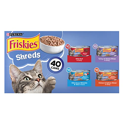 Purina Friskies Wet Cat Food Variety Pack, Shreds Beef, Turkey, Whitefish, and Chicken & Salmon - (40) 5.5 oz. Cans