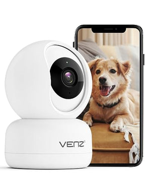 VENZ Indoor Security Camera, 1080p Pet Camera with Phone App, Ideal Indoor Camera for Baby Monitor/Dog Camera, 360° Pan/Tilt View Angel with 2 Way Audio, Cloud/SD Card, 2.4Ghz WiFi Only