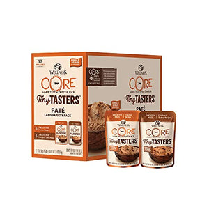 Wellness CORE Tiny Tasters Wet Cat Food Topper, Grain Free, Complete & Balanced Nutrition Made with Real Meat, No-Mess Pouches, 12 Pack (Adult Cat, Land Variety Pack)