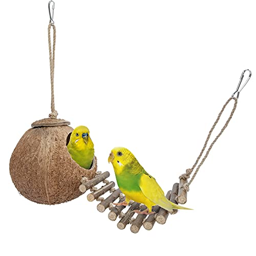 Niteangel Natural Coconut Hideaway with Ladder, Bird and Small Animal Toy (House with Ladder, Natural Surface)