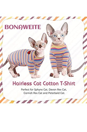 Bonaweite Sphynx Hairless Cats Shirt, Cornish Rex Kitten Rainbow Stripe T-Shirts with Sleeves, Breathable Cat Wear Turtleneck Sweater, Adorable Peterbald Cat's Clothes Vest Pajamas for All Season