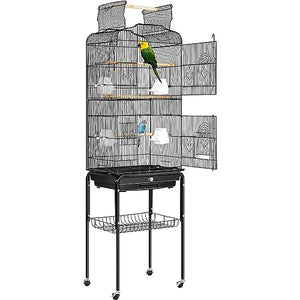 VIVOHOME 59.8 Inch Wrought Iron Bird Cage with Play Top and Rolling Stand for Parrots Conures Lovebird Cockatiel Parakeets Black