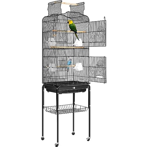 VIVOHOME 59.8 Inch Wrought Iron Bird Cage with Play Top and Rolling Stand for Parrots Conures Lovebird Cockatiel Parakeets Black