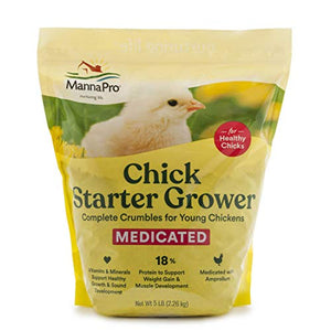 Manna Pro Chick Starter Grower - Medicated Chick Feed Crumble for Young Chickens - Formulated with Amprolium to Prevent Coccidiosis - 15 lbs