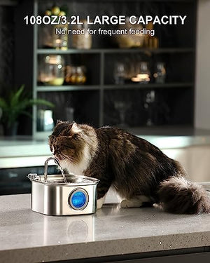 NautyPaws Cat/Dog Water Fountain, 3.2L/108oz Automatic Stainless Steel Pet Water Dispenser with Super Quiet&Transparent Window Design- Ideal for Multiple Pets - Dishwasher Safe