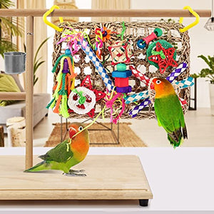 KATUMO Bird Toys, Bird Foraging Wall Toy, Edible Seagrass Woven Climbing Hammock Mat with Colorful Chewing Toys, Suitable for Lovebirds, Finch, Parakeets, Budgerigars, Conure, Cockatiel