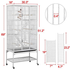 Yaheetech 69'' Extra Large Bird Cage Metal Parrot Cage w/Detachable Stand for Mid-Sized Parrots Cockatiels Conures Parakeets Lovebirds Budgie Finch, White