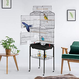 Best Pet Bird Cage 64-inch Open Top Standing Medium Small Parrot Parakeet Bird Cage with Rolling Stand for Lovebirds Parakeets Cockatiels and Parrotlet, Pet Flight Bird Cage Birdcage, Black