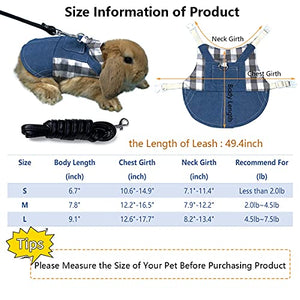 Vehomy Rabbit Harness and Leash Small Animal Clothes for Rabbit Guinea Pig, Bunny Plaid Harness Leash Guinea Pig Blue Denim Black and White Plaid Dress for Kitten Chihuahua and Other Small Animals L