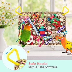 KATUMO Bird Toys, Bird Foraging Wall Toy, Edible Seagrass Woven Climbing Hammock Mat with Colorful Chewing Toys, Suitable for Lovebirds, Finch, Parakeets, Budgerigars, Conure, Cockatiel