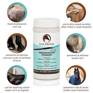 Coat Defense Daily Preventative Powder for Horses - Safe & Effective Equine Sweet Itch, Skin Funk, Scratches, & Rain Rot Treatment - Dry Shampoo for Horses, 8 oz Formula with All Natural Ingredients