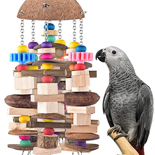 KATUMO Bird Toy, Large Parrot Toy Durable Wooden Blocks Bird Chewing Toy Parrot Cage Bite Toy for African Grey, Cockatoo, Amazon Parrot, Mini Macaw, Medium to Large Birds