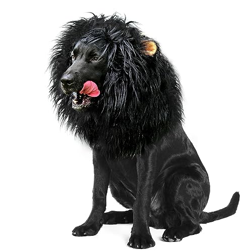 Onmygogo Lion Mane Wig for Dogs with Ears, Funny Pet Costumes for Halloween Christmas (Size L, Black)