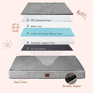 EHEYCIGA Waterproof Dog Beds for Extra Large Dogs with Orthopedic Memory Foam, Grey, 41x27