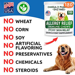 Dog Allergy Relief Chews - Anti-Itch Skin & Coat Supplement - Omega 3 Fish Oil - Itchy Skin Relief Treatment Pills - Itching & Paw Licking - Dry Skin & Hot Spots - (180 Immune Treats - Chicken)