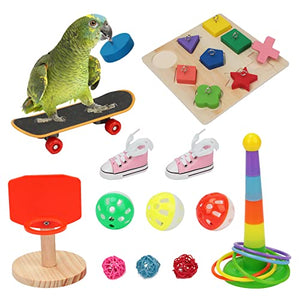 BWOGUE 12PCS Bird Training Toys Parrot Intelligence Toy Mini Sneaker Skateboard Parrot Wooden Block Puzzles Toy Bird Basketball Toy Stacking Rings for Budgie Parakeet Cockatiel Conure Lovebird