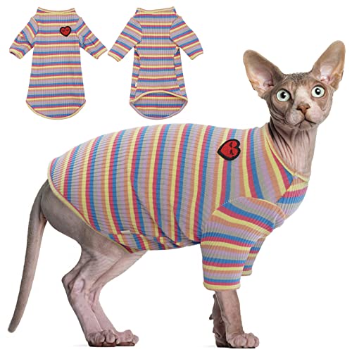 Bonaweite Sphynx Hairless Cats Shirt, Cornish Rex Kitten Rainbow Stripe T-Shirts with Sleeves, Breathable Cat Wear Turtleneck Sweater, Adorable Peterbald Cat's Clothes Vest Pajamas for All Season