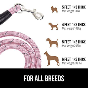 Gorilla Grip Heavy Duty Dog Leash, Soft Handle, Strong Reflective Durable Puppy Training Rope for Night Walking, Small Medium Large Dogs, Rotating Metal Clip, Waste Bag Dispenser, Pink