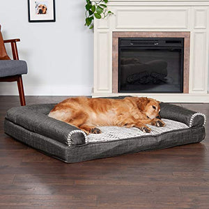 Furhaven Orthopedic Dog Bed for Large Dogs w/ Removable Bolsters & Washable Cover, For Dogs Up to 95 lbs - Luxe Faux Fur & Performance Linen Sofa - Charcoal, Jumbo/XL