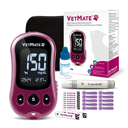 VetMate Dogs/Cats Diabetes Monitoring Starter KIT (Auto-Coding) - 1 Pet Blood Glucose Meter, 10 Test Strips, 1 Lancing Device, 10 Lancets, 1 Control Solution – Calibrated for Dogs and Cats